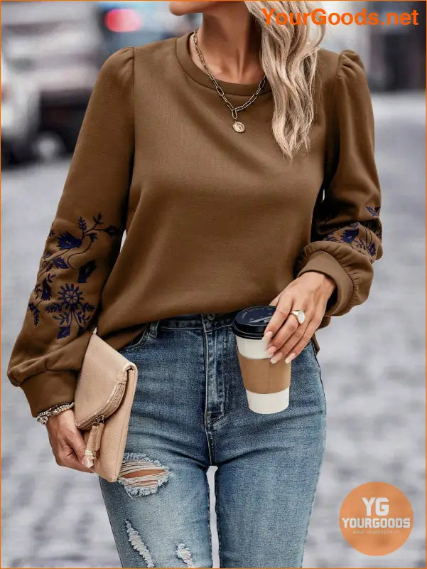 YOURGOODS Floral Embroidery Puff Sleeve Sweatshirt - YourGoods Online Shop