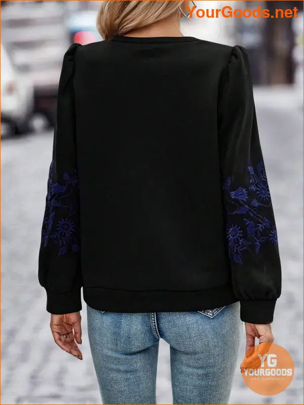 YOURGOODS Floral Embroidery Puff Sleeve Sweatshirt - YourGoods Online Shop