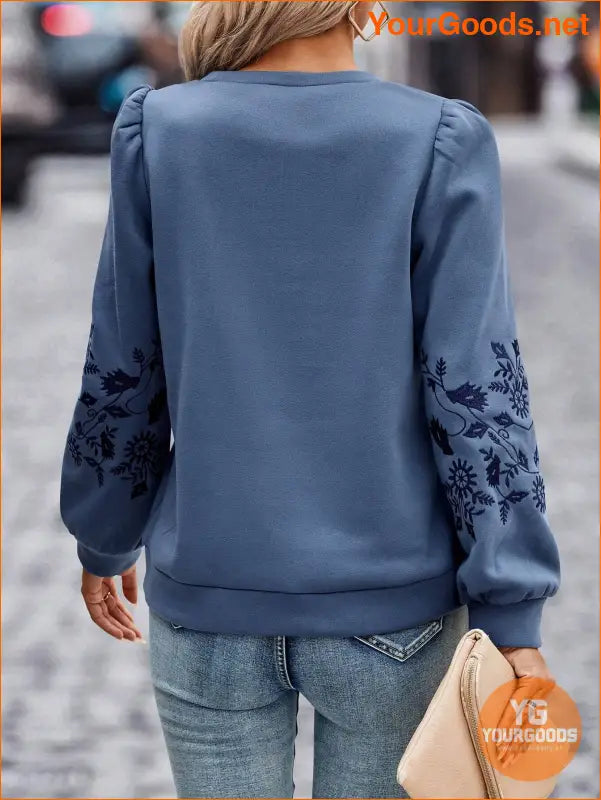 YOURGOODS Floral Embroidery Puff Sleeve Sweatshirt - YourGoods Online Shop