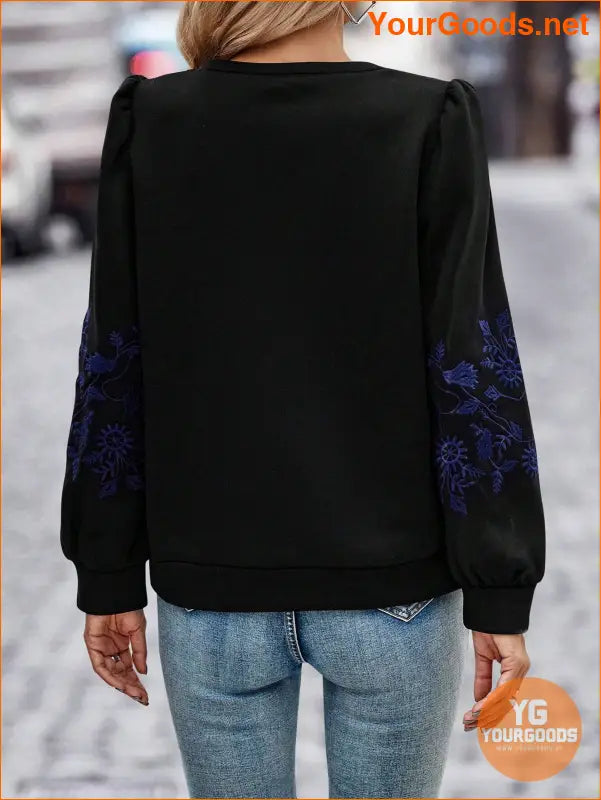 YOURGOODS Floral Embroidery Puff Sleeve Sweatshirt - YourGoods Online Shop