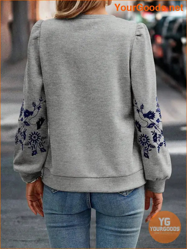 YOURGOODS Floral Embroidery Puff Sleeve Sweatshirt - YourGoods Online Shop