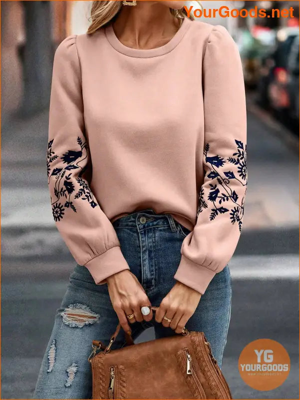 YOURGOODS Floral Embroidery Puff Sleeve Sweatshirt - YourGoods Online Shop