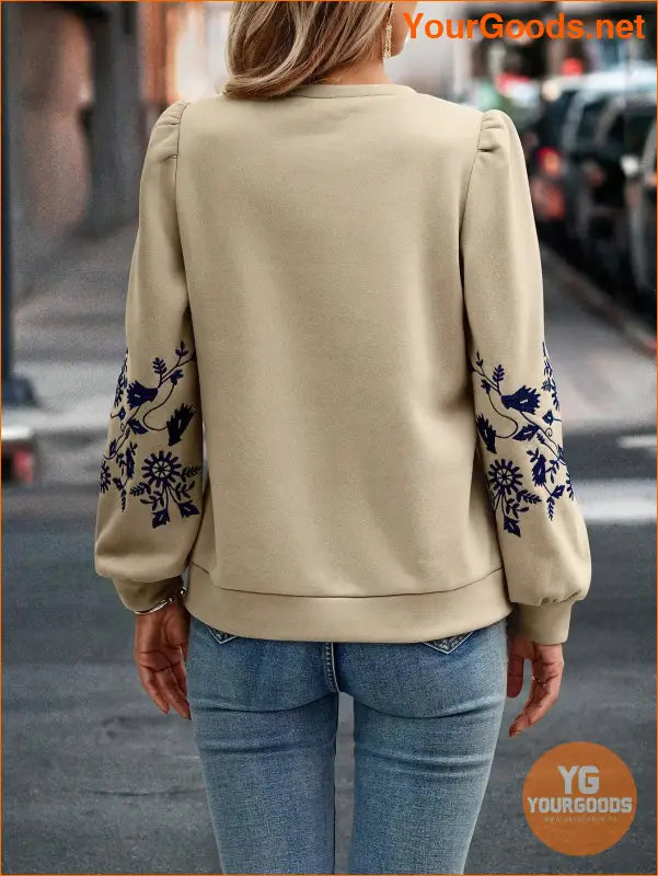 YOURGOODS Floral Embroidery Puff Sleeve Sweatshirt - YourGoods Online Shop