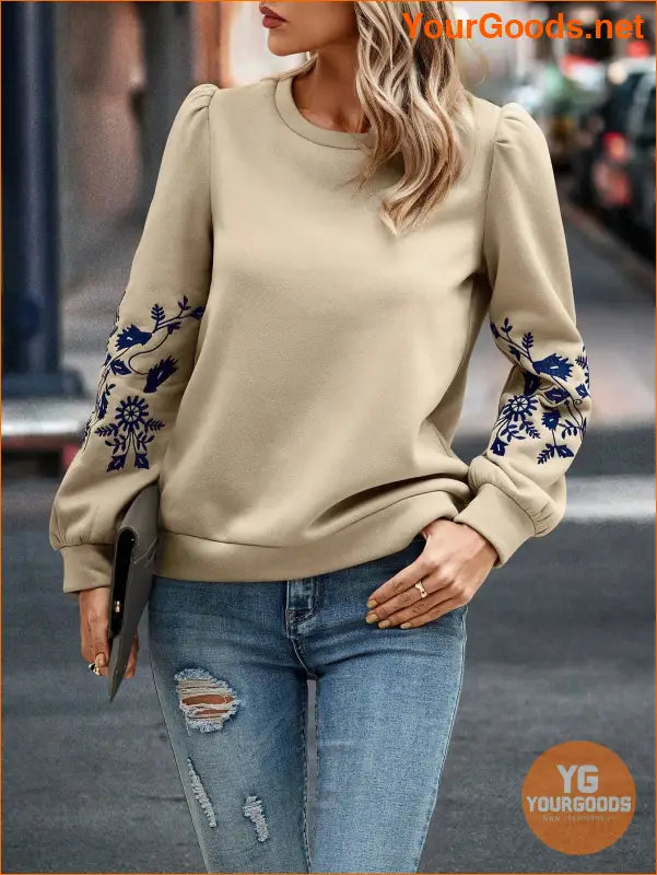 YOURGOODS Floral Embroidery Puff Sleeve Sweatshirt - YourGoods Online Shop