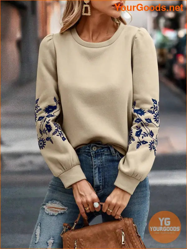 YOURGOODS Floral Embroidery Puff Sleeve Sweatshirt - YourGoods Online Shop