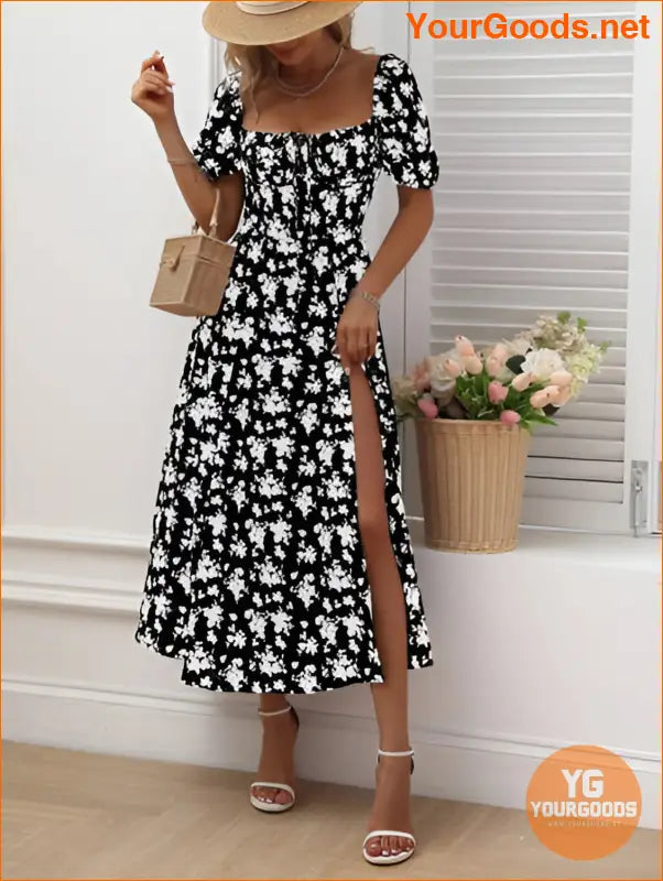 YOURGOODS Floral Knot Split Thigh Milkmaid Dress - YourGoods Online Shop