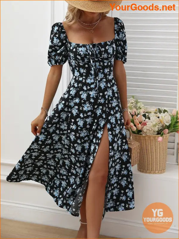 YOURGOODS Floral Knot Split Thigh Milkmaid Dress - YourGoods Online Shop