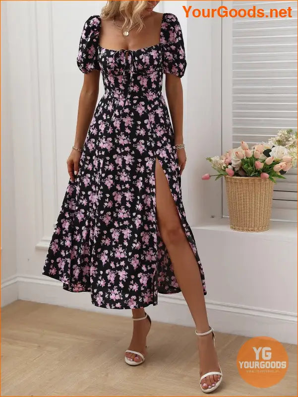 YOURGOODS Floral Knot Split Thigh Milkmaid Dress - YourGoods Online Shop