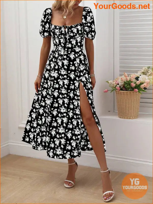 YOURGOODS Floral Knot Split Thigh Milkmaid Dress - YourGoods Online Shop