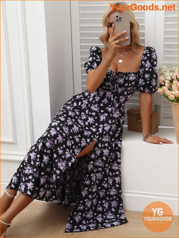 YOURGOODS Floral Knot Split Thigh Milkmaid Dress - YourGoods Online Shop