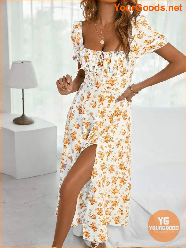 YOURGOODS Floral Knot Split Thigh Milkmaid Dress - YourGoods Online Shop