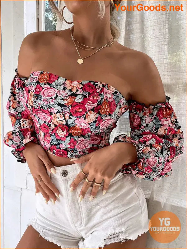 YOURGOODS Floral OffShoulder Ruffle Hem Crop Top - YourGoods Online Shop