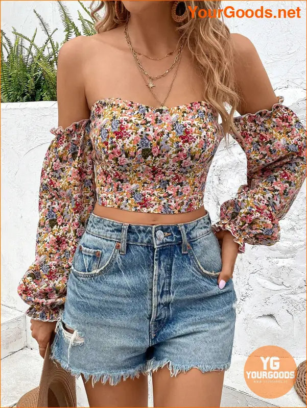 YOURGOODS Floral OffShoulder Ruffle Hem Crop Top - YourGoods Online Shop