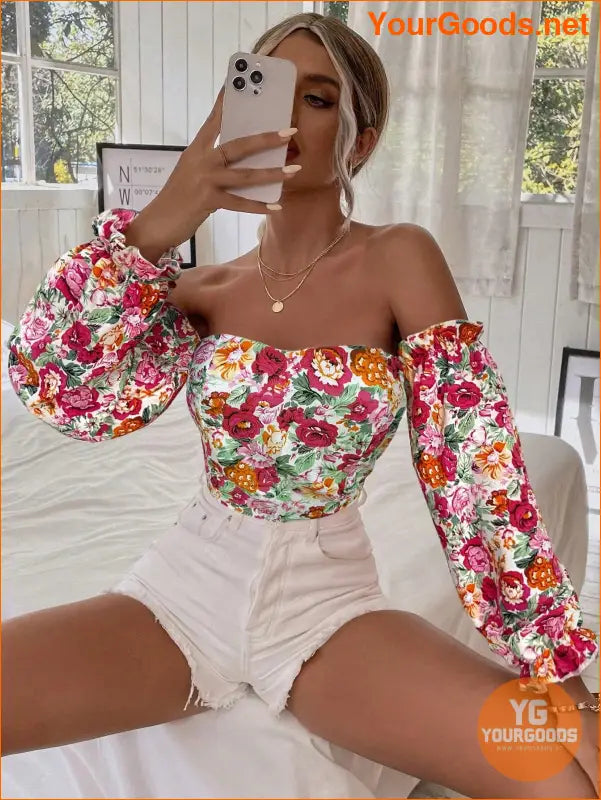 YOURGOODS Floral OffShoulder Ruffle Hem Crop Top - YourGoods Online Shop