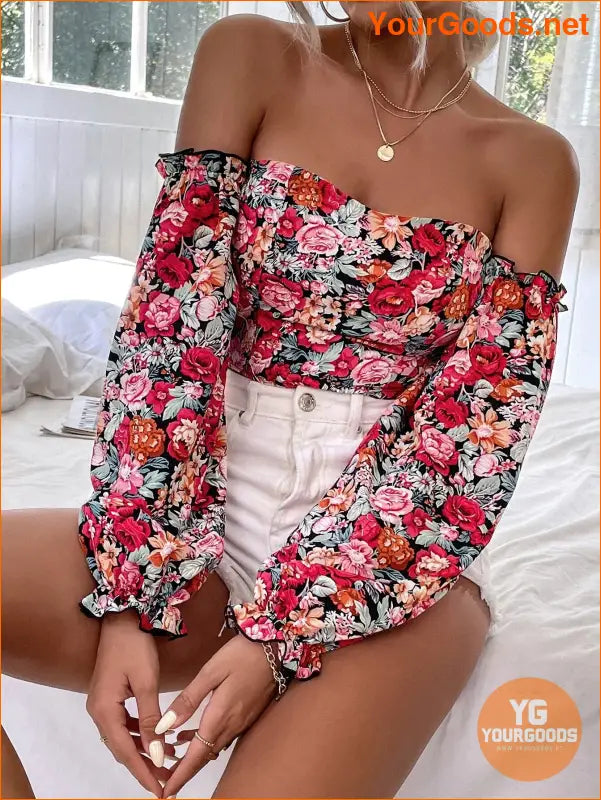 YOURGOODS Floral OffShoulder Ruffle Hem Crop Top - YourGoods Online Shop