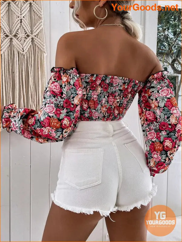 YOURGOODS Floral OffShoulder Ruffle Hem Crop Top - YourGoods Online Shop