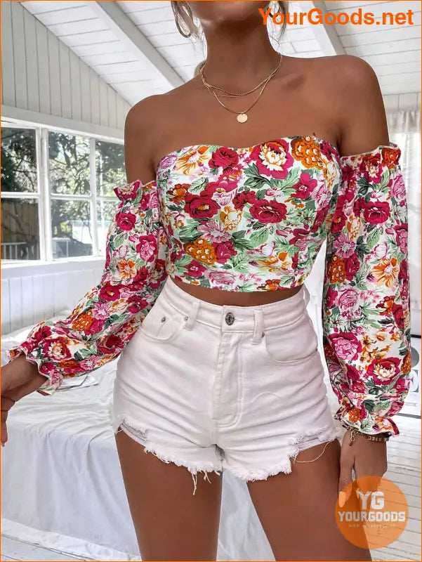 YOURGOODS Floral OffShoulder Ruffle Hem Crop Top - YourGoods Online Shop