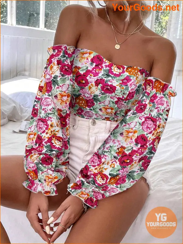 YOURGOODS Floral OffShoulder Ruffle Hem Crop Top - YourGoods Online Shop