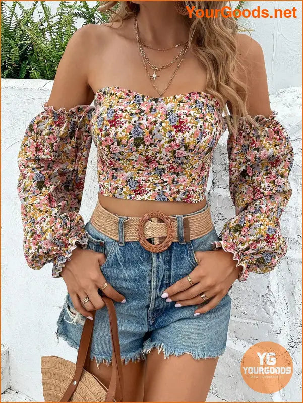 YOURGOODS Floral OffShoulder Ruffle Hem Crop Top - YourGoods Online Shop