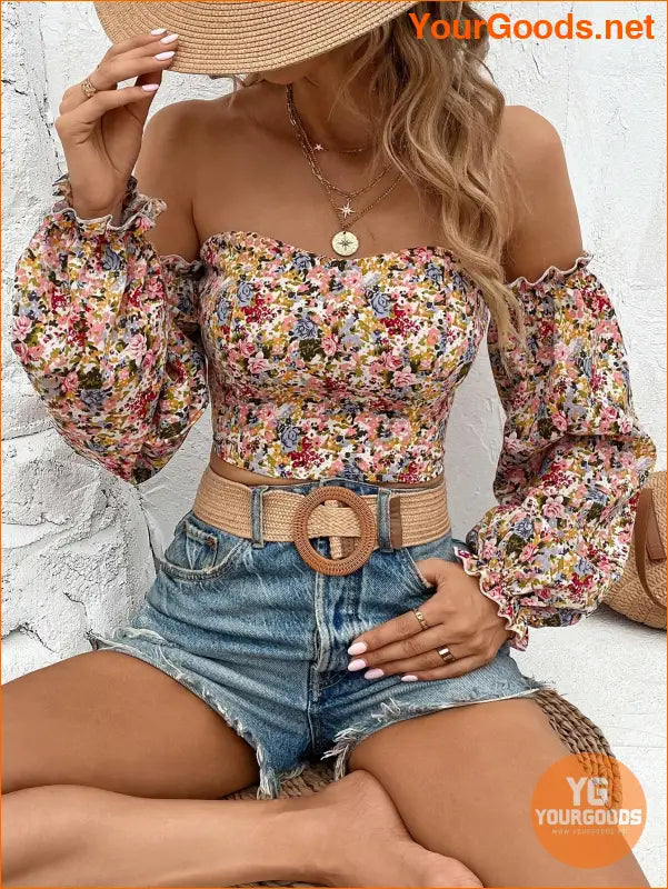 YOURGOODS Floral OffShoulder Ruffle Hem Crop Top - YourGoods Online Shop