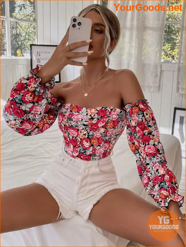 YOURGOODS Floral OffShoulder Ruffle Hem Crop Top - YourGoods Online Shop