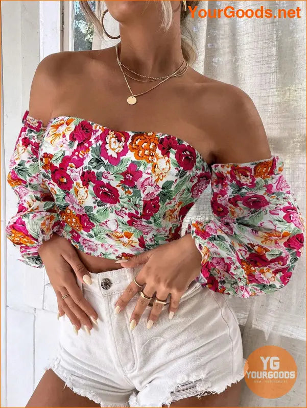 YOURGOODS Floral OffShoulder Ruffle Hem Crop Top - YourGoods Online Shop