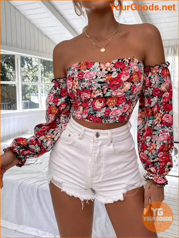 YOURGOODS Floral OffShoulder Ruffle Hem Crop Top - YourGoods Online Shop