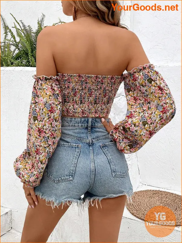 YOURGOODS Floral OffShoulder Ruffle Hem Crop Top - YourGoods Online Shop