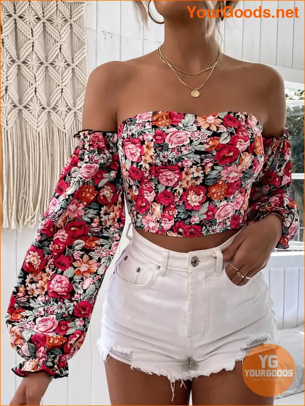 YOURGOODS Floral OffShoulder Ruffle Hem Crop Top - YourGoods Online Shop