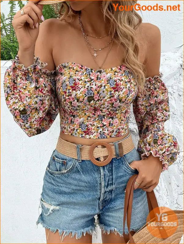 YOURGOODS Floral OffShoulder Ruffle Hem Crop Top - YourGoods Online Shop