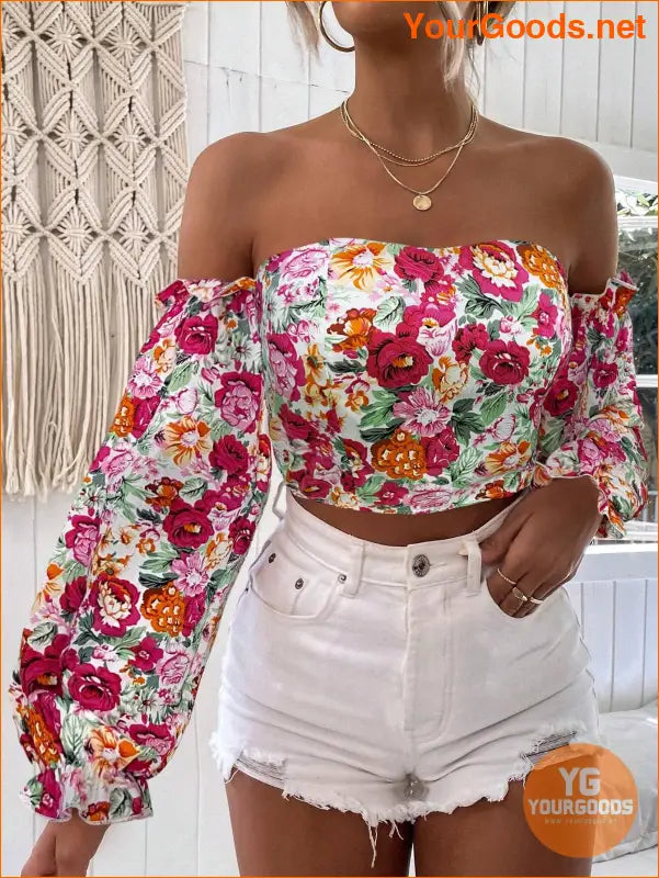 YOURGOODS Floral OffShoulder Ruffle Hem Crop Top - YourGoods Online Shop