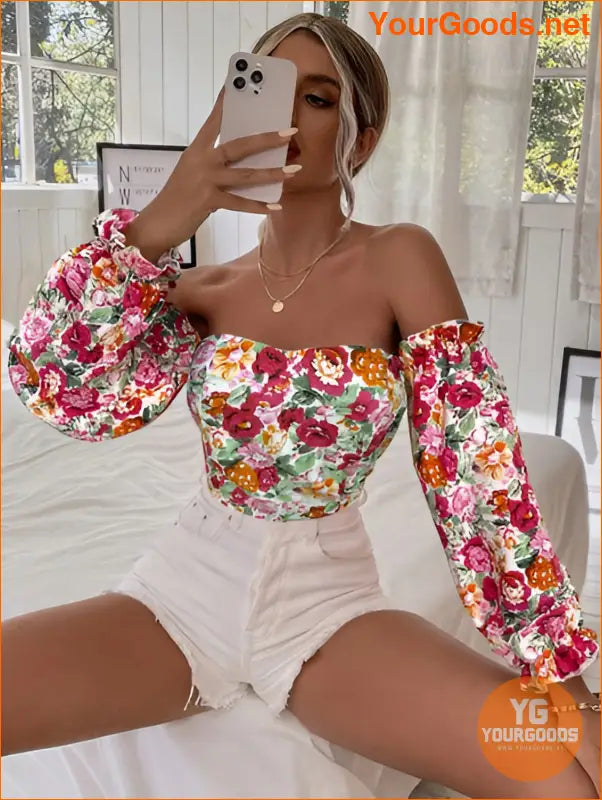 YOURGOODS Floral OffShoulder Ruffle Hem Crop Top - YourGoods Online Shop