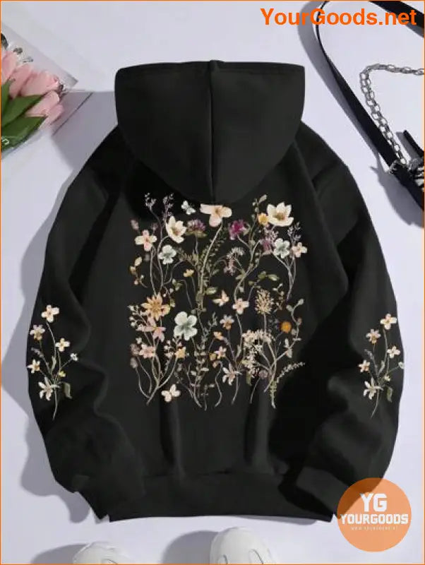 YOURGOODS Floral Print Kangaroo Pocket Drawstring Thermal Lined Hoodie - YourGoods Online Shop