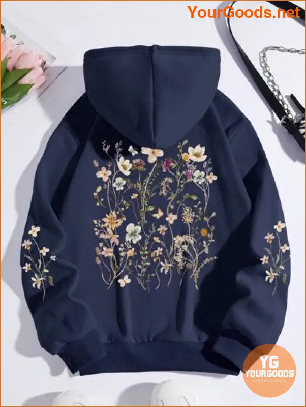 YOURGOODS Floral Print Kangaroo Pocket Drawstring Thermal Lined Hoodie - YourGoods Online Shop