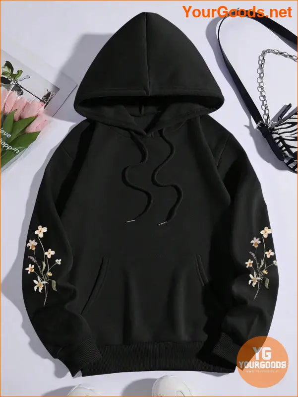 YOURGOODS Floral Print Kangaroo Pocket Drawstring Thermal Lined Hoodie - YourGoods Online Shop