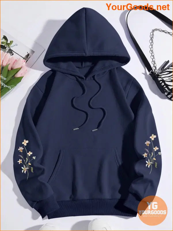 YOURGOODS Floral Print Kangaroo Pocket Drawstring Thermal Lined Hoodie - YourGoods Online Shop