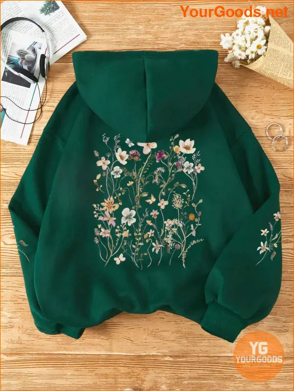 YOURGOODS Floral Print Kangaroo Pocket Drawstring Thermal Lined Hoodie - YourGoods Online Shop