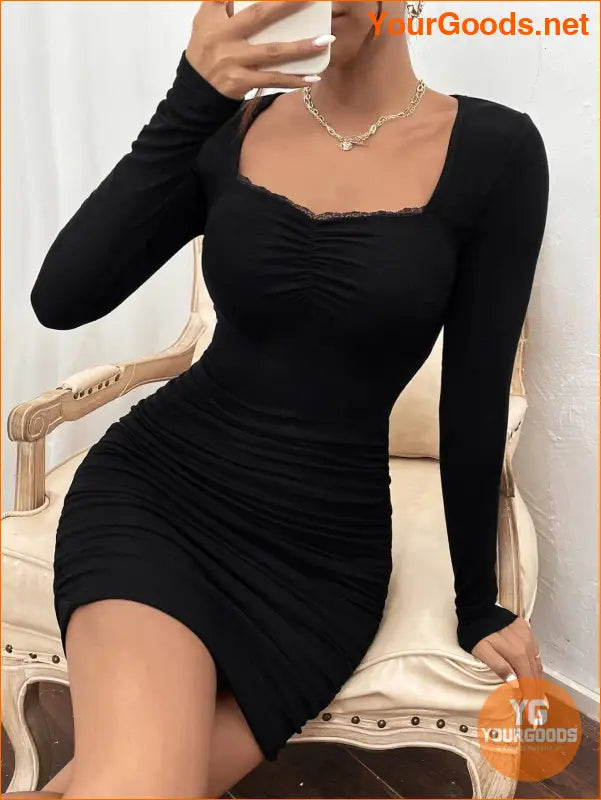 YOURGOODS Frenchy Lace Trim Ruched Black Bodycon Dress - YourGoods Online Shop