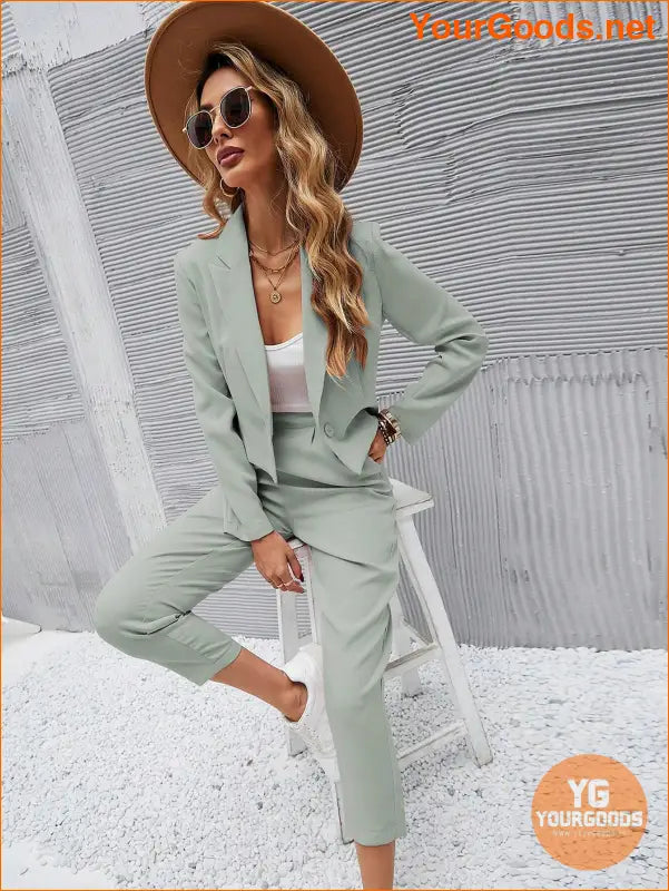 YOURGOODS Frenchy Women Deep Green Short Blazer Jacket And Front Pleated Pocketed Suit Pants Set - YourGoods Online Shop