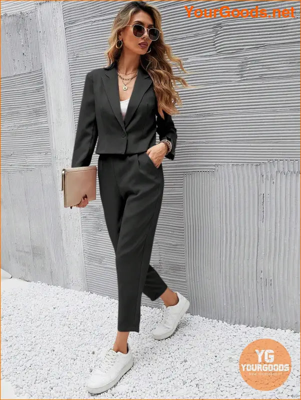 YOURGOODS Frenchy Women Deep Green Short Blazer Jacket And Front Pleated Pocketed Suit Pants Set - YourGoods Online Shop