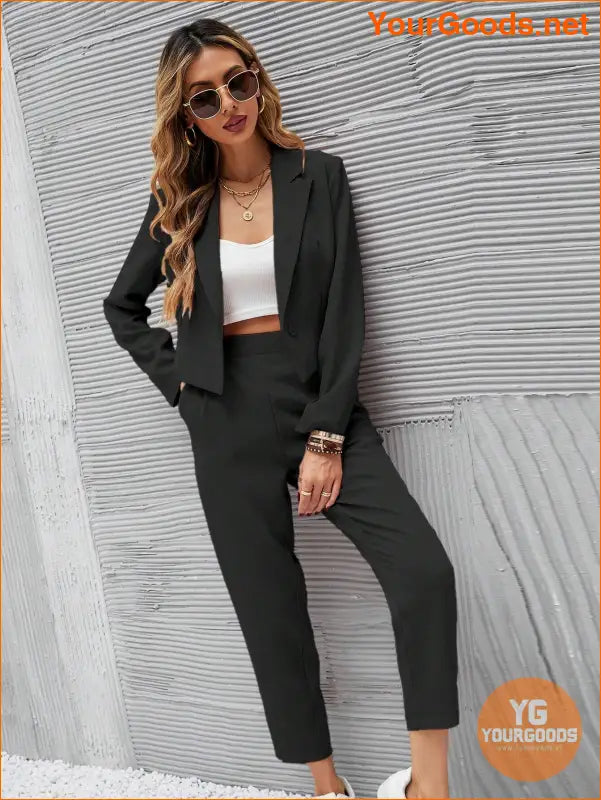 YOURGOODS Frenchy Women Deep Green Short Blazer Jacket And Front Pleated Pocketed Suit Pants Set - YourGoods Online Shop