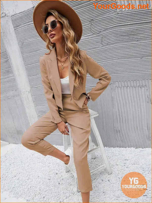 YOURGOODS Frenchy Women Deep Green Short Blazer Jacket And Front Pleated Pocketed Suit Pants Set - YourGoods Online Shop