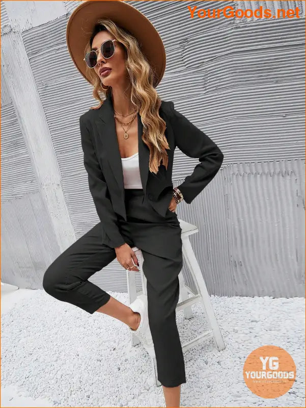 YOURGOODS Frenchy Women Deep Green Short Blazer Jacket And Front Pleated Pocketed Suit Pants Set - YourGoods Online Shop