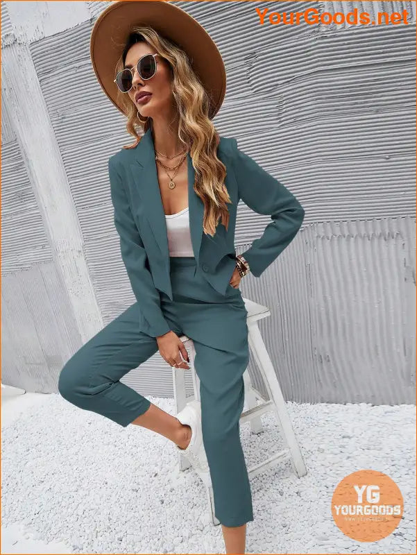 YOURGOODS Frenchy Women Deep Green Short Blazer Jacket And Front Pleated Pocketed Suit Pants Set - YourGoods Online Shop