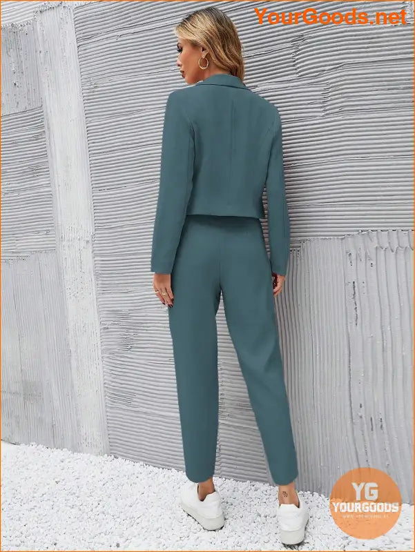 YOURGOODS Frenchy Women Deep Green Short Blazer Jacket And Front Pleated Pocketed Suit Pants Set - YourGoods Online Shop