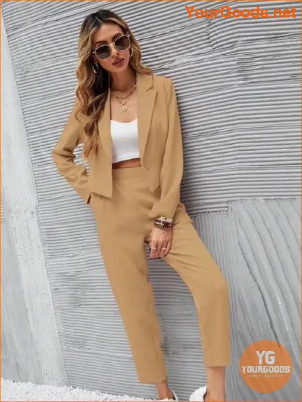 YOURGOODS Frenchy Women Deep Green Short Blazer Jacket And Front Pleated Pocketed Suit Pants Set - YourGoods Online Shop