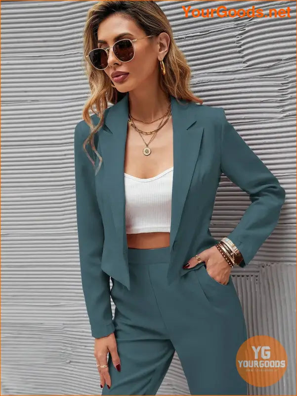 YOURGOODS Frenchy Women Deep Green Short Blazer Jacket And Front Pleated Pocketed Suit Pants Set - YourGoods Online Shop