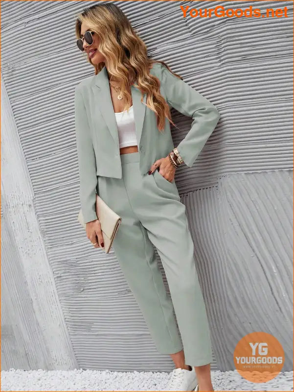 YOURGOODS Frenchy Women Deep Green Short Blazer Jacket And Front Pleated Pocketed Suit Pants Set - YourGoods Online Shop