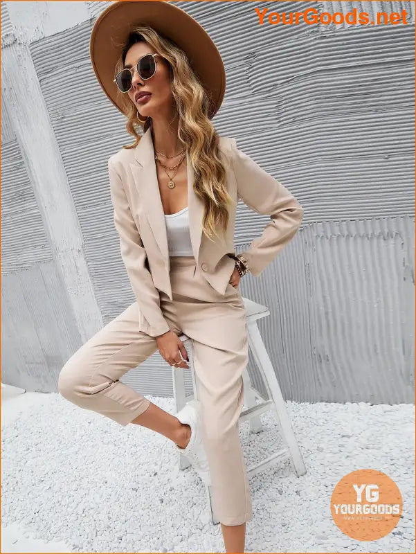 YOURGOODS Frenchy Women Deep Green Short Blazer Jacket And Front Pleated Pocketed Suit Pants Set - YourGoods Online Shop