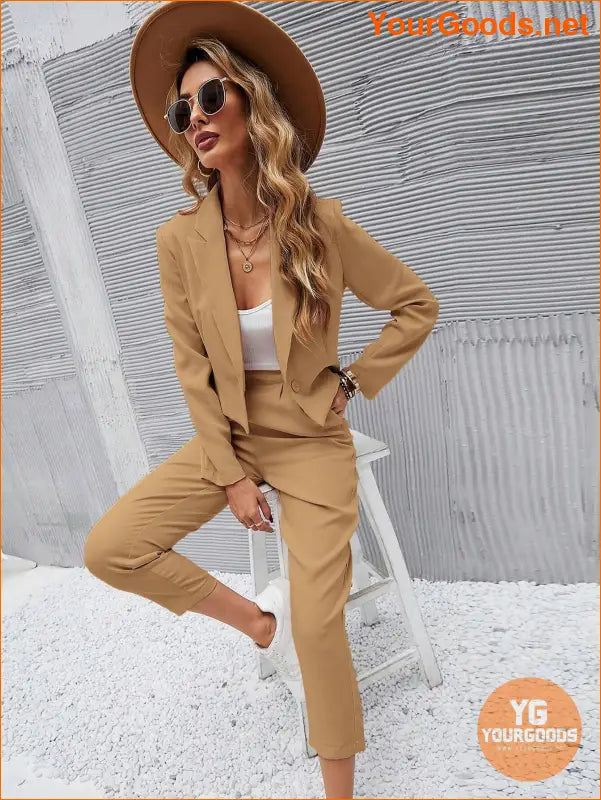 YOURGOODS Frenchy Women Deep Green Short Blazer Jacket And Front Pleated Pocketed Suit Pants Set - YourGoods Online Shop